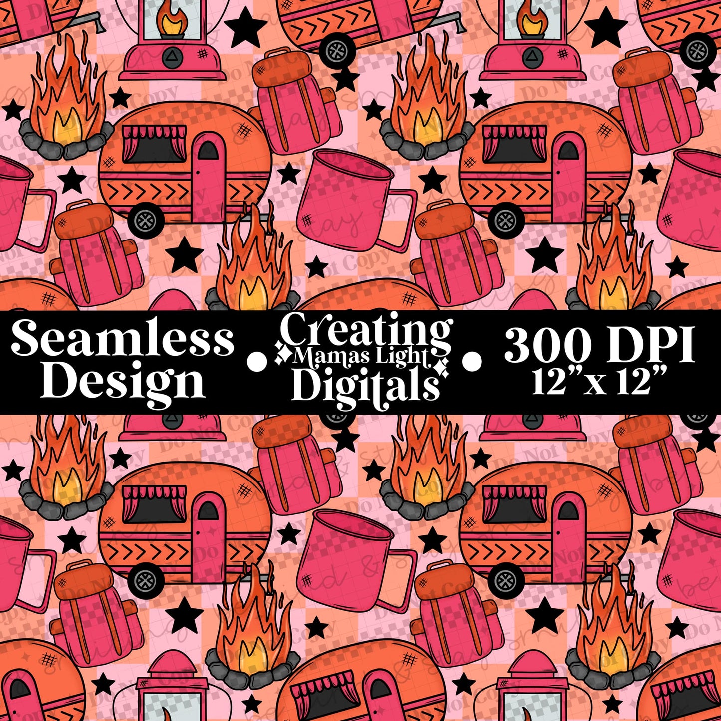 Pink & Orange Camping Seamless PNG Digital Download