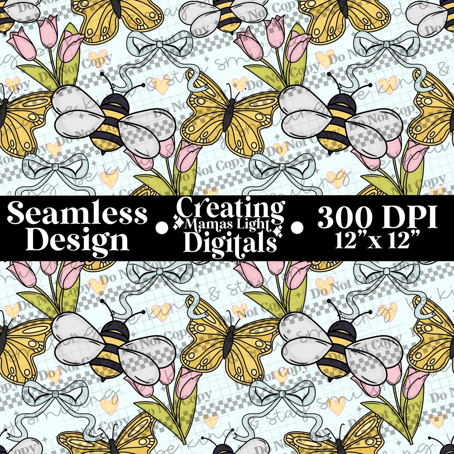 Spring Bees And Butterflies Seamless PNG Digital Download
