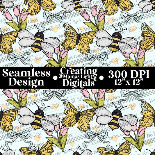 Spring Bees And Butterflies Seamless PNG Digital Download